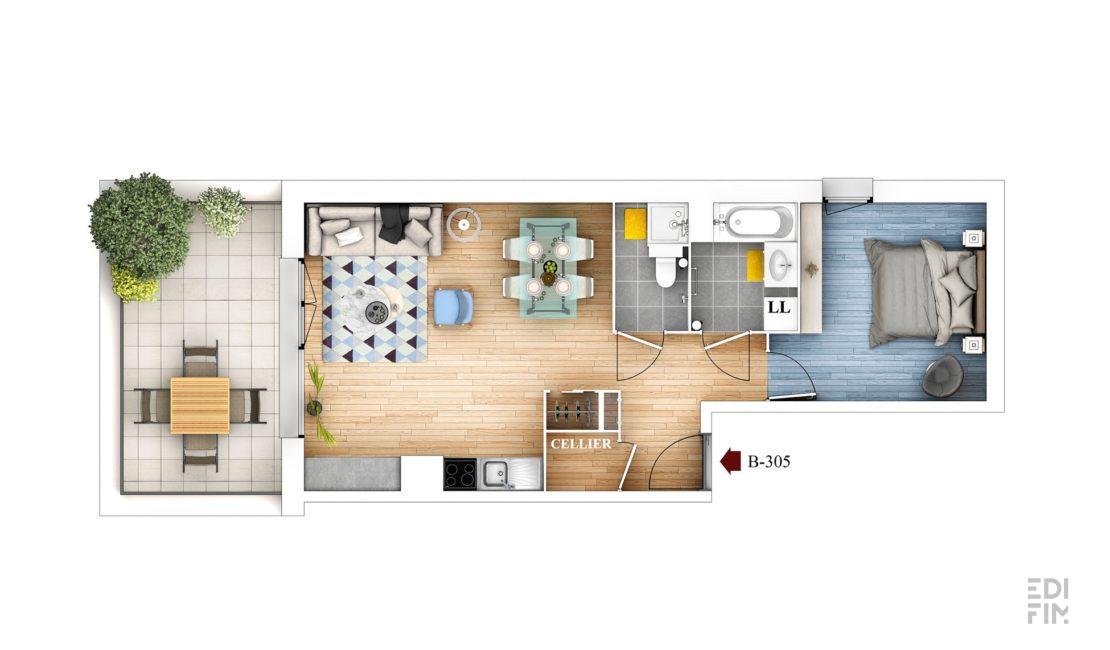 Plan 3D appartement résidence NOUVELLES SCÈNES à Saint-Alban-Leysse