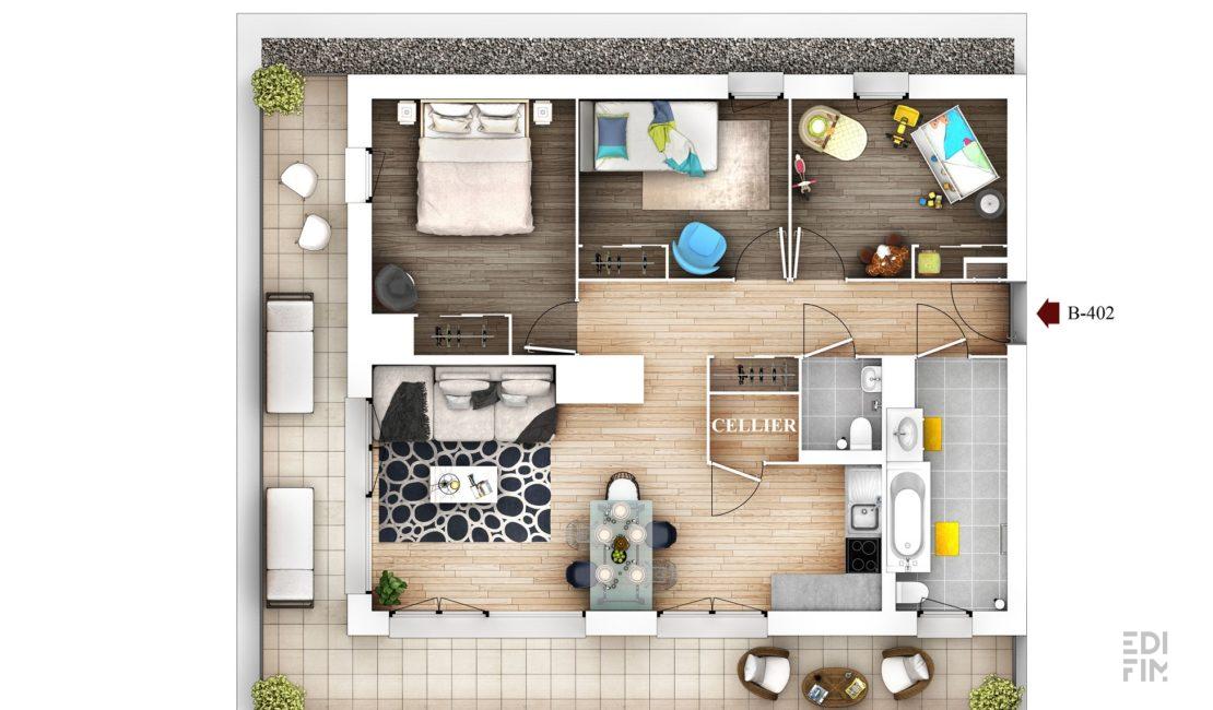 Plan 3D appartement résidence NOUVELLES SCÈNES à Saint-Alban-Leysse