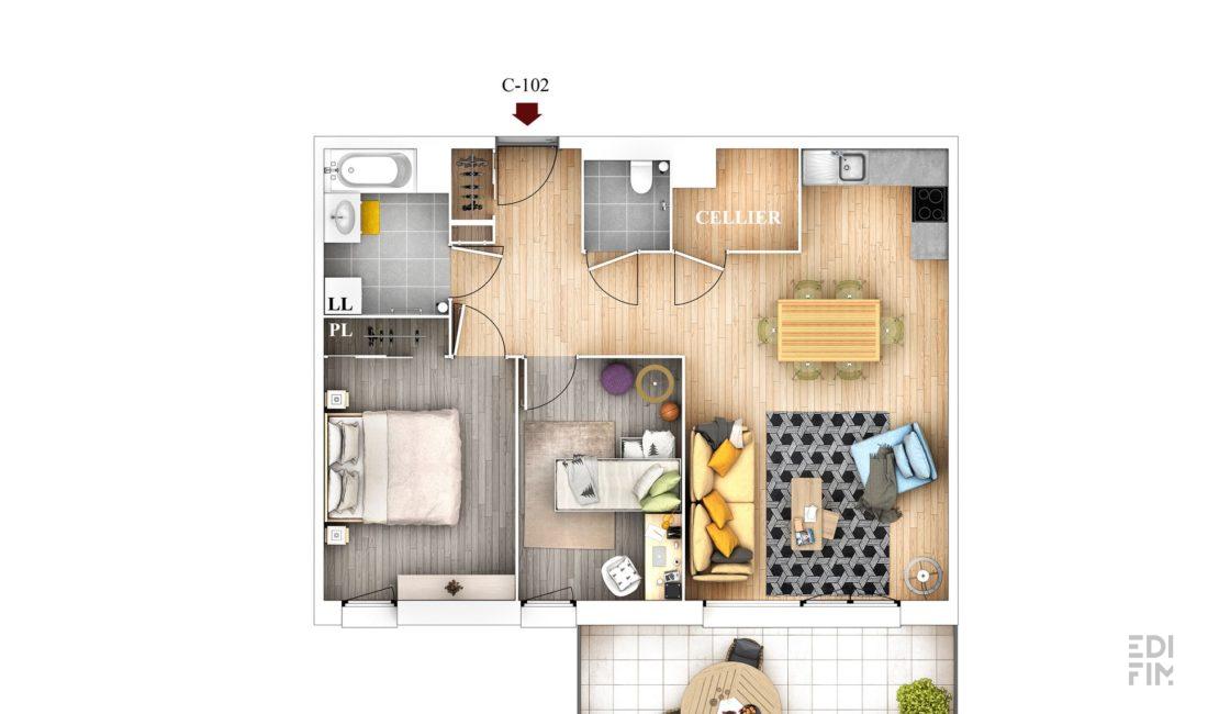 Plan 3D appartement résidence NOUVELLES SCÈNES à Saint-Alban-Leysse