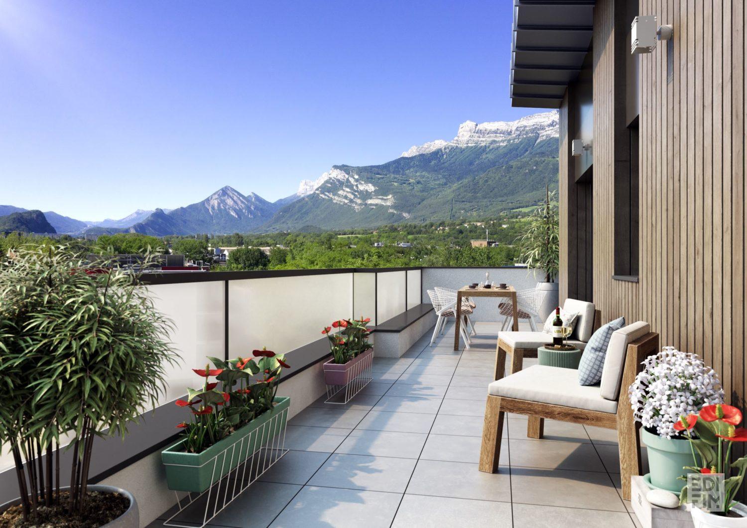 Vue terrasse Résidence Domaine des Courtoises à Pont de Claix Programme Neuf Edifim