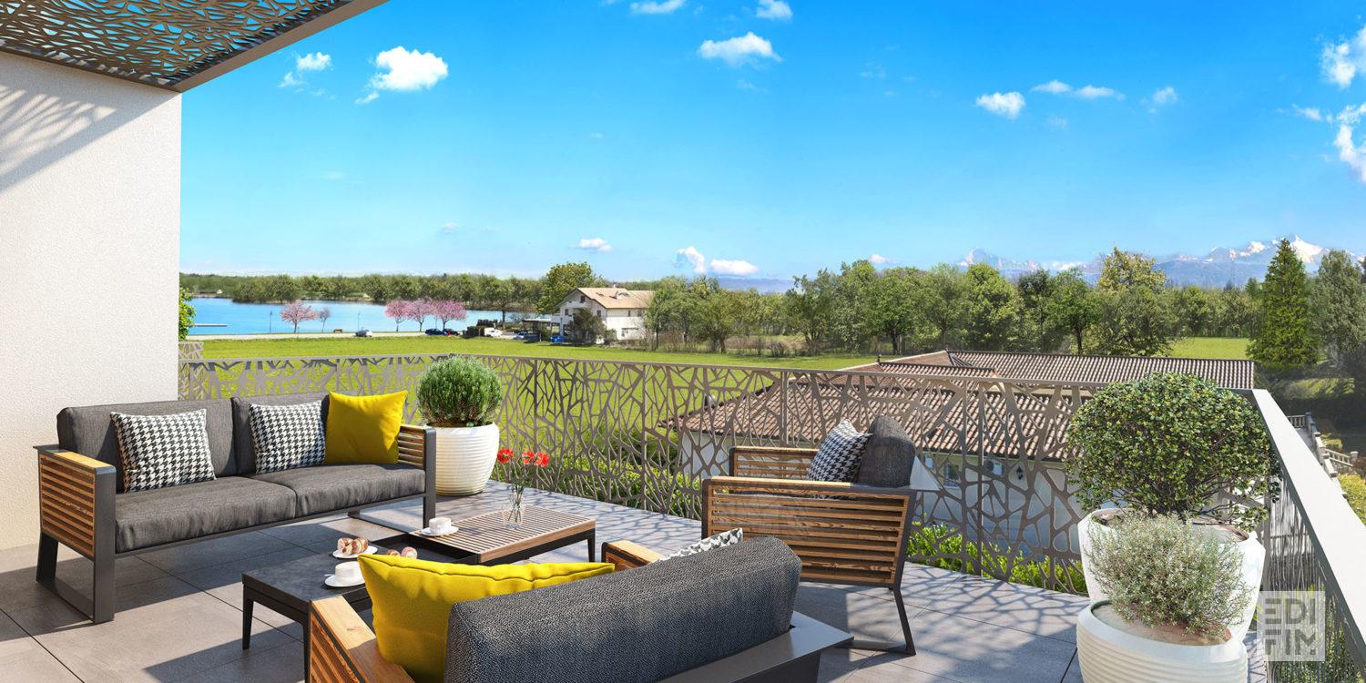 Perspective terrasse résidence RIVIERA à Divonne Les Bains