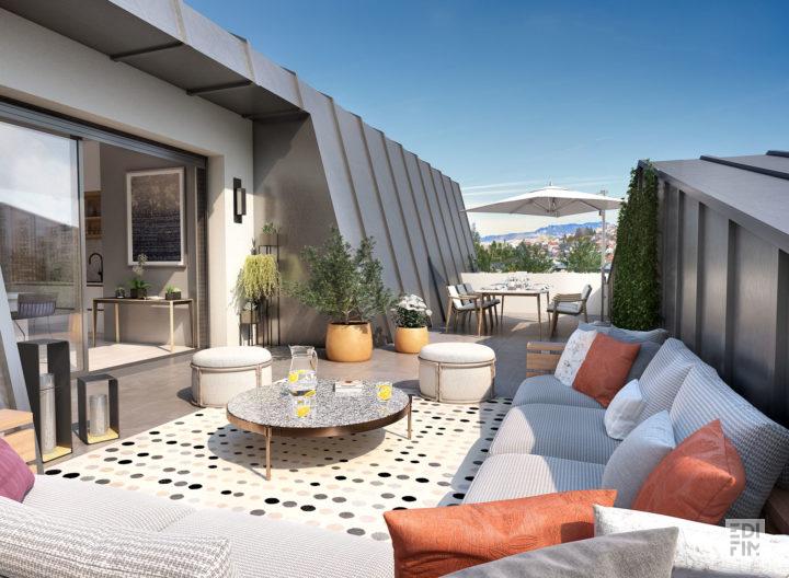 Perspective terrasse attique résidence GRAND ANGLE à Aix-les-Bains