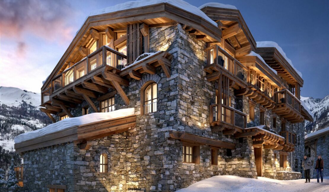 Perspective nuit de l'extérieur de la résidence JARDINS DE JULIETTE à Val-d'Isère.