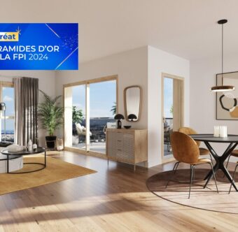Perspective séjour de la résidence OPUS avec le logo des Pyramides d'or de la FPI 2024