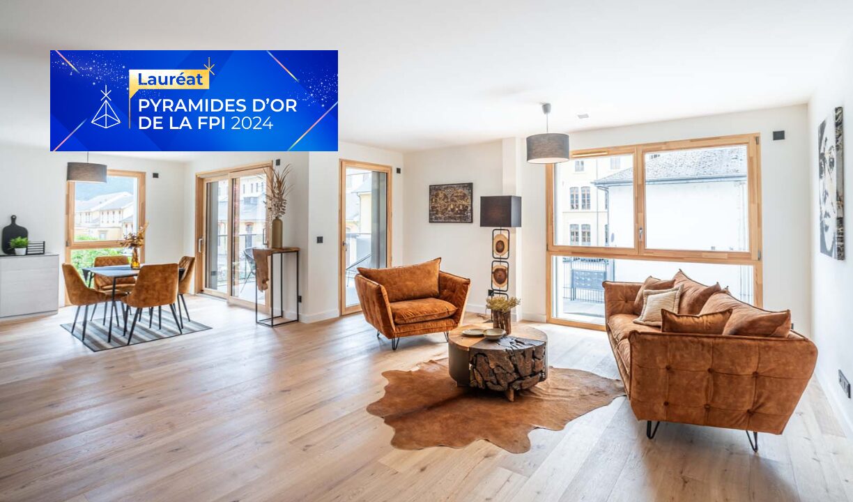 La pièce de vie de l'appartement 4 pièces de la résidence OPUS à Annecy.