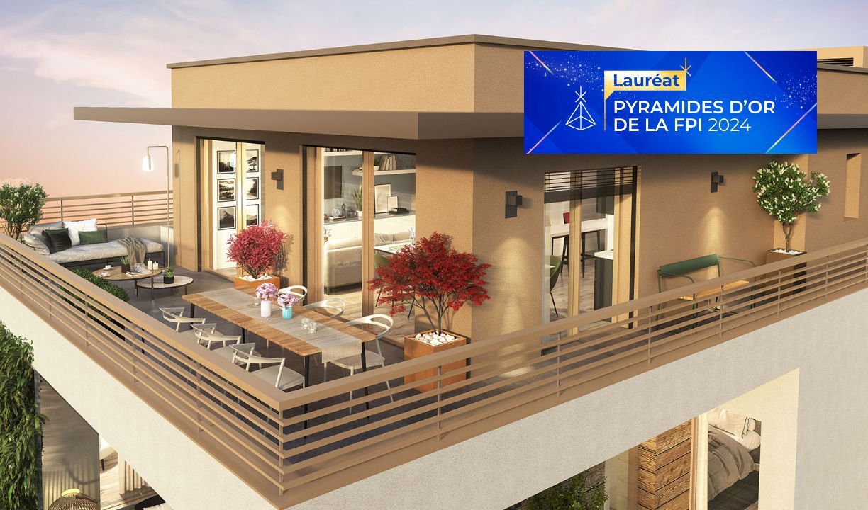 Perspective balcon de la résidence L'IMPRÉVU avec le logo des Pyramides d'Or de la FPI 2024.