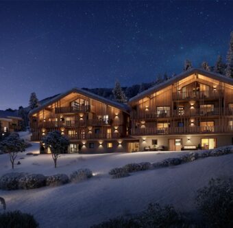 Perspective hiver de l'extérieur de la résidence SINAYA à Samoëns.