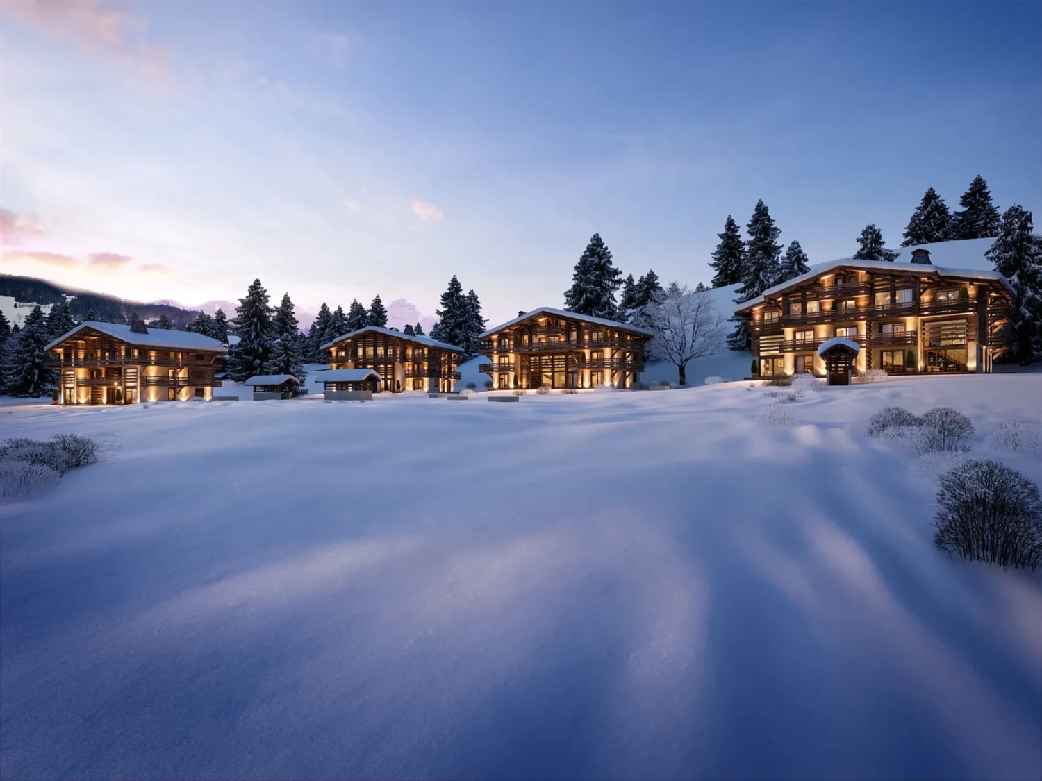 Perspective extérieure de la résidence LA BELLE AUX BOIS à Megève.