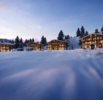 Perspective extérieure de la résidence LA BELLE AUX BOIS à Megève.