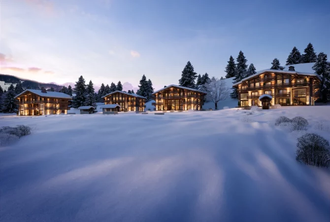 Perspective extérieure de la résidence LA BELLE AUX BOIS à Megève.