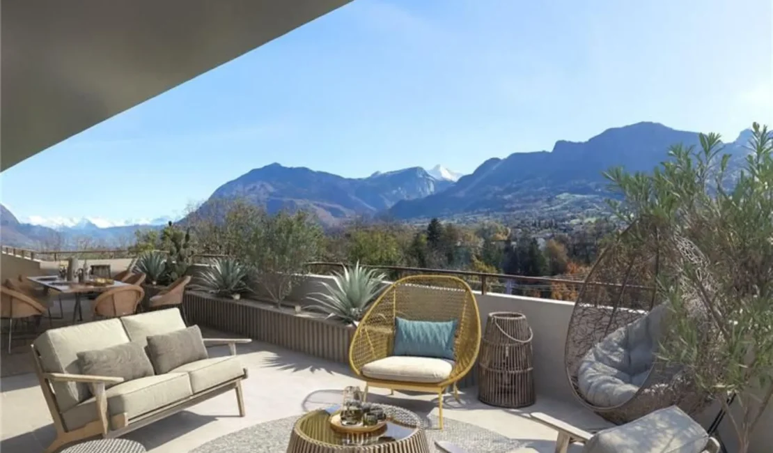 Perspective d'une grande terrasse d'un appartement dans la résidence LISEA à La Roche-sur-Foron.