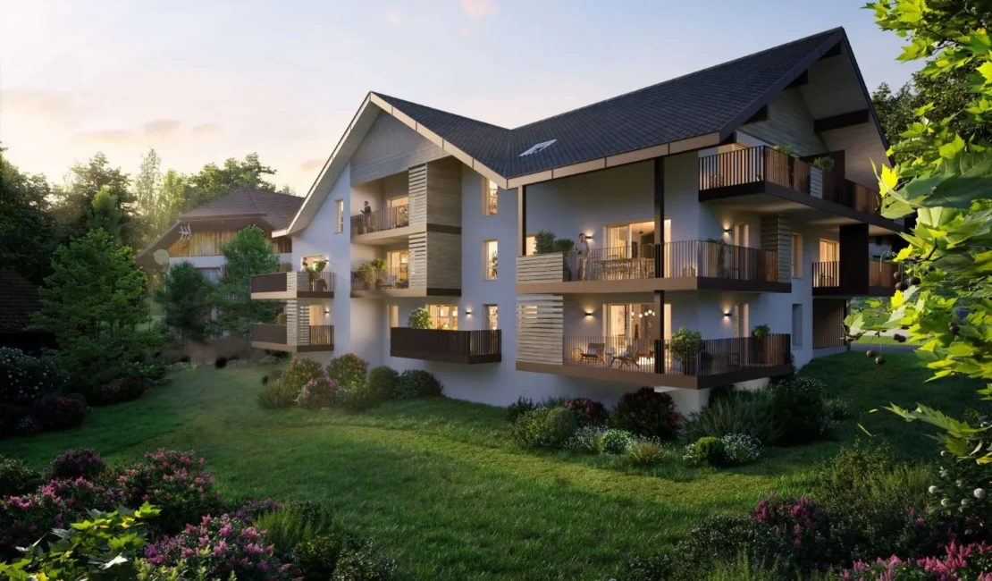 Perspective extérieure de nuit de la résidence NATUR'EVE à Evires.