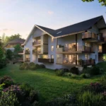 Perspective extérieure de nuit de la résidence NATUR'EVE à Evires.