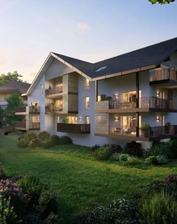 Perspective extérieure de nuit de la résidence NATUR'EVE à Evires.