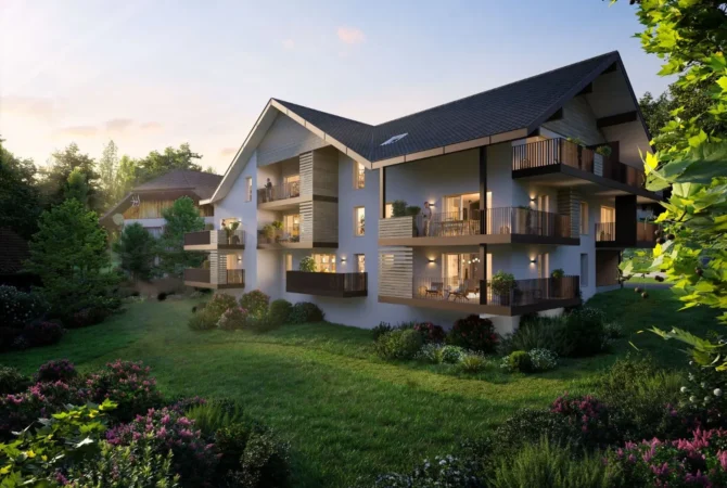 Perspective extérieure de nuit de la résidence NATUR'EVE à Evires.