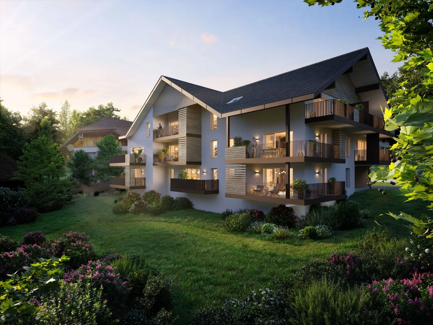 Perspective extérieure de nuit de la résidence NATUR'EVE à Evires.