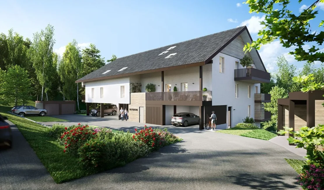 Perspective extérieure de jour de la résidence NATUR'EVE à Evires.