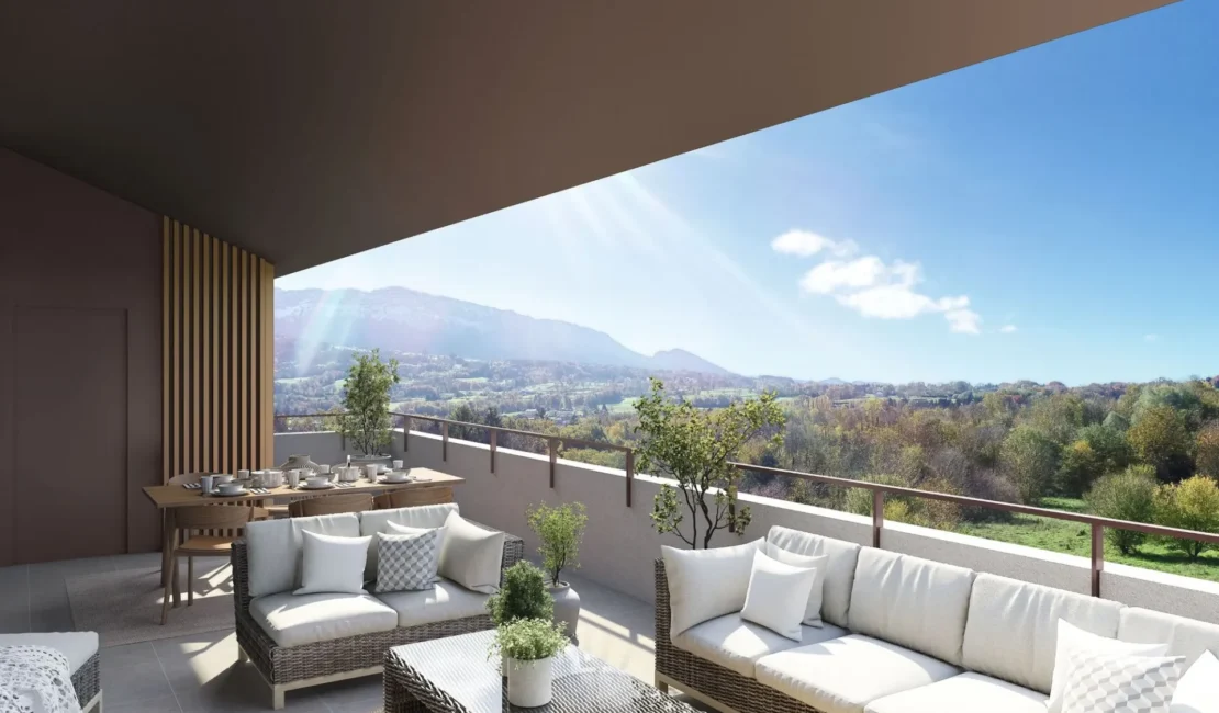 Perspective d'une terrasse d'un appartement dans la résidence LISEA à La Roche-sur-Foron.