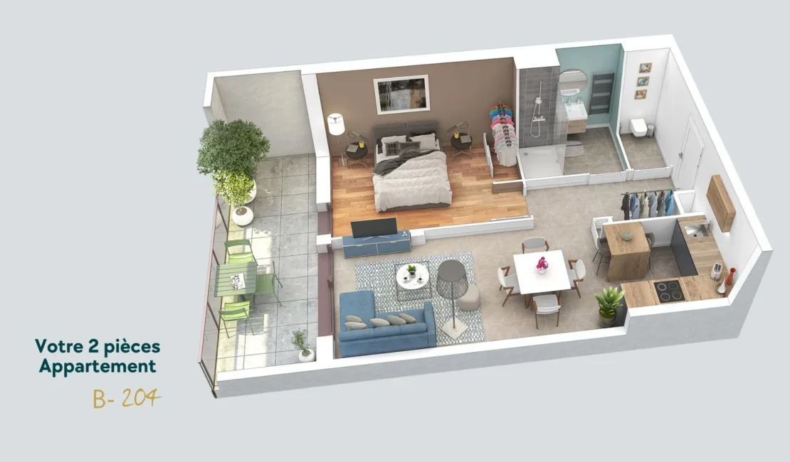 Plan 3D d'un appartement T2 dans la résidence LISEA à La Roche-sur-Foron.