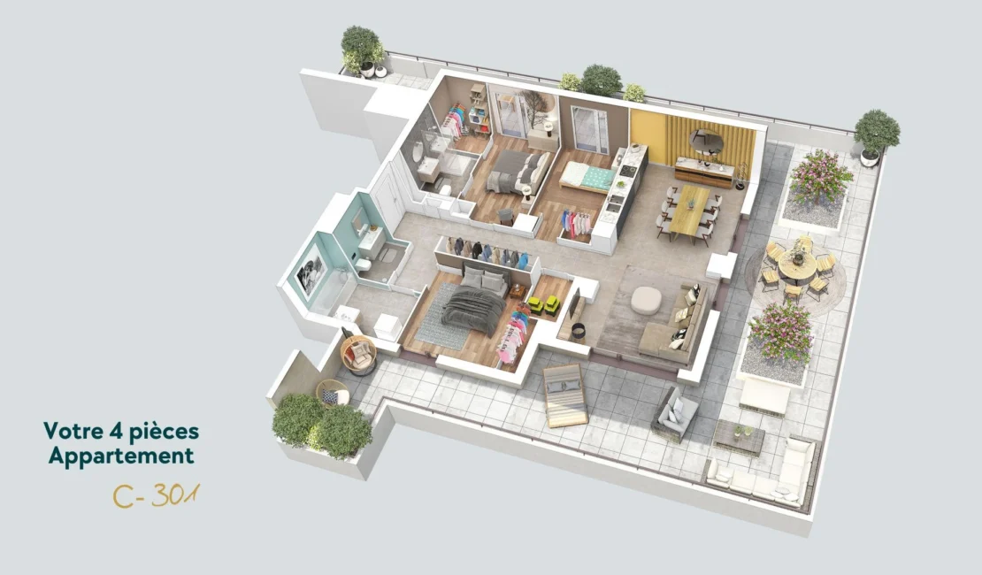 Plan 3D d'un appartement T4 dans la résidence LISEA à La Roche-sur-Foron.