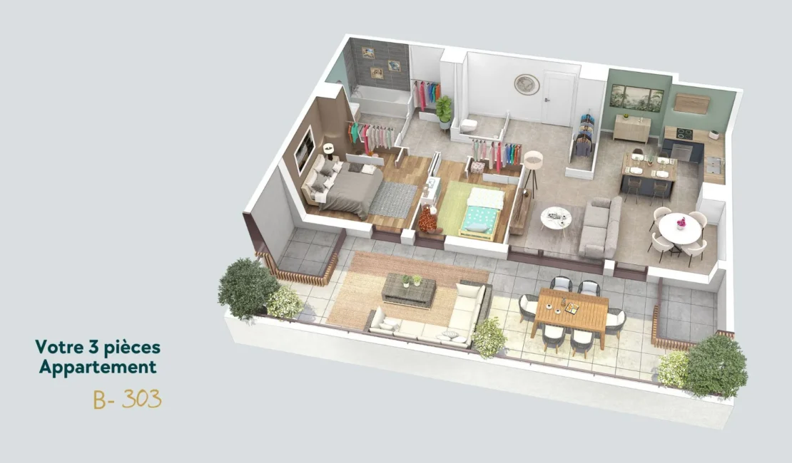Plan 3D d'un appartement T3 dans la résidence LISEA à La Roche-sur-Foron.