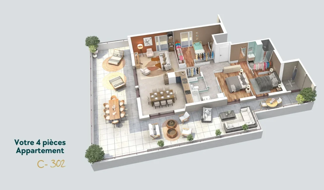Plan 3D d'un appartement T4 dans la résidence LISEA à La Roche-sur-Foron.